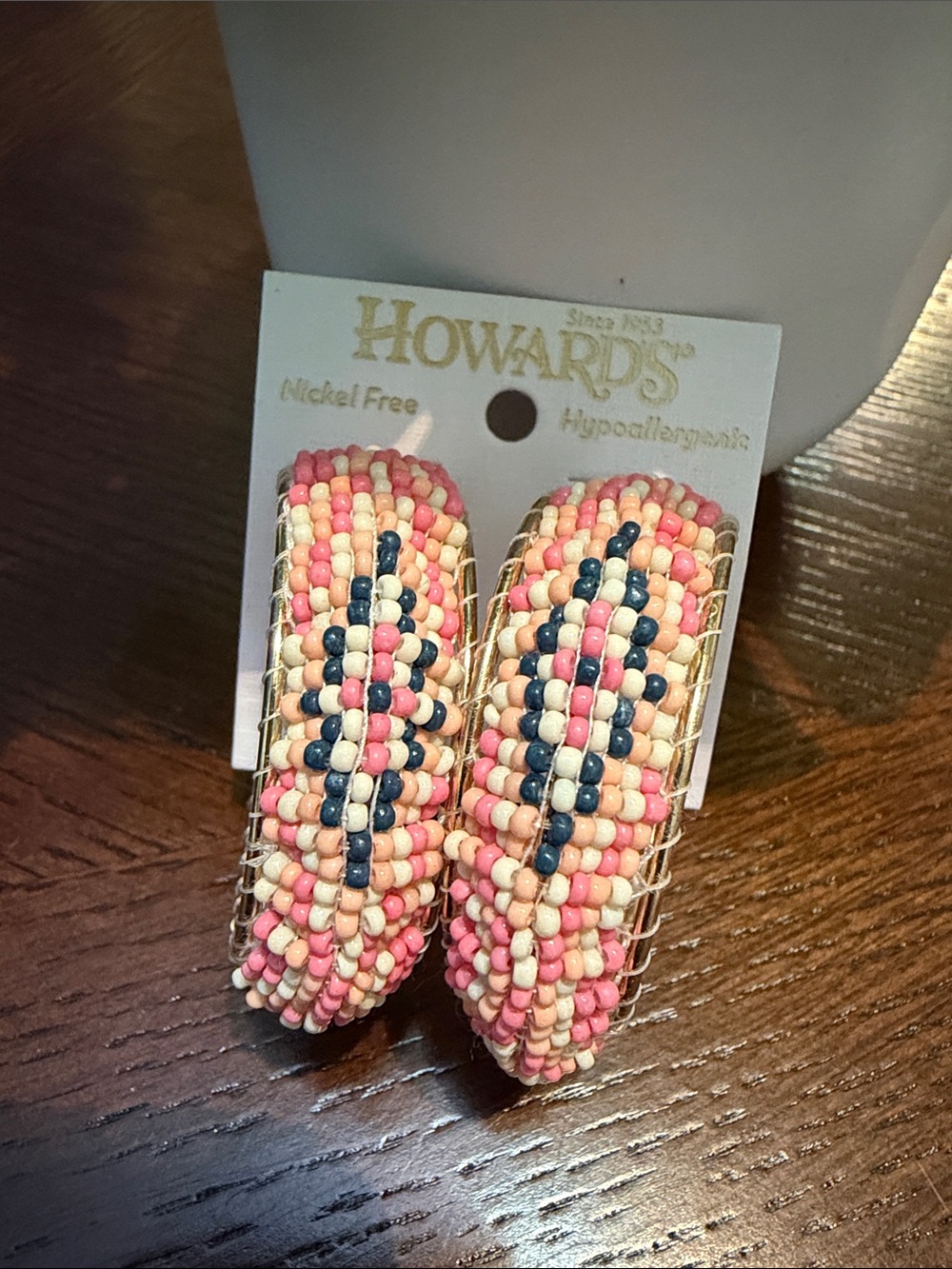 Howard's Beaded Hoop Earrings in Pink, Peach, White & Navy